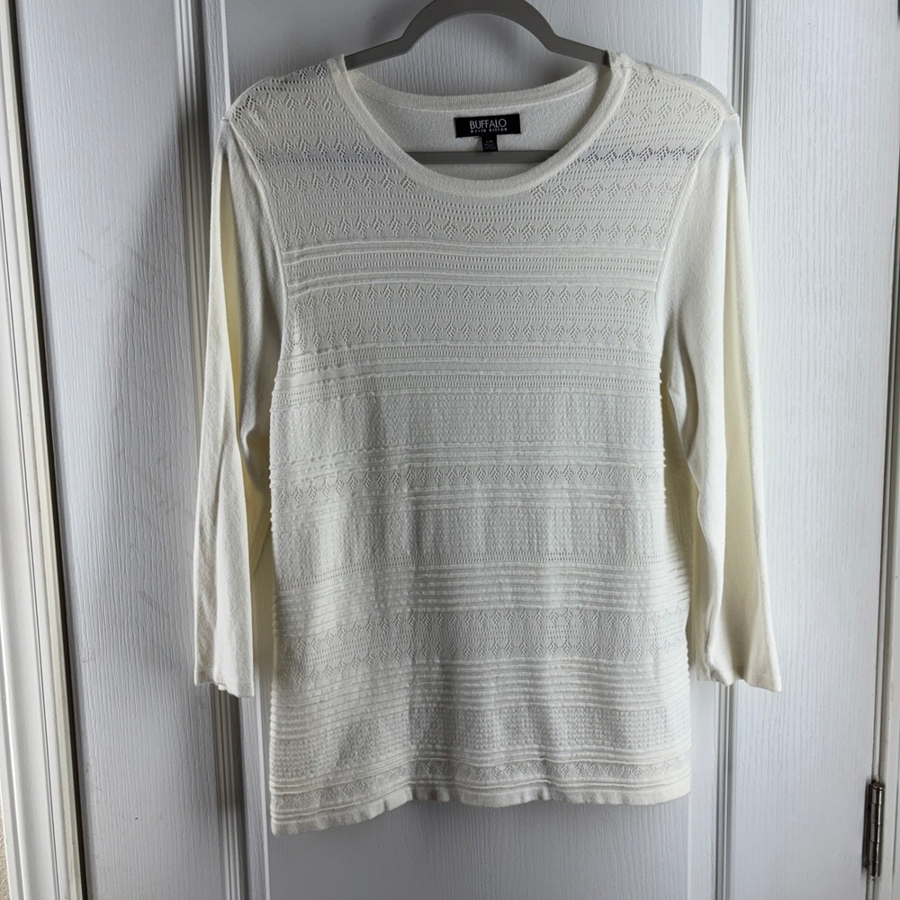 Buffalo David Bitton Cream Pointelle Textured Knit 3/4 Sleeve Top Large